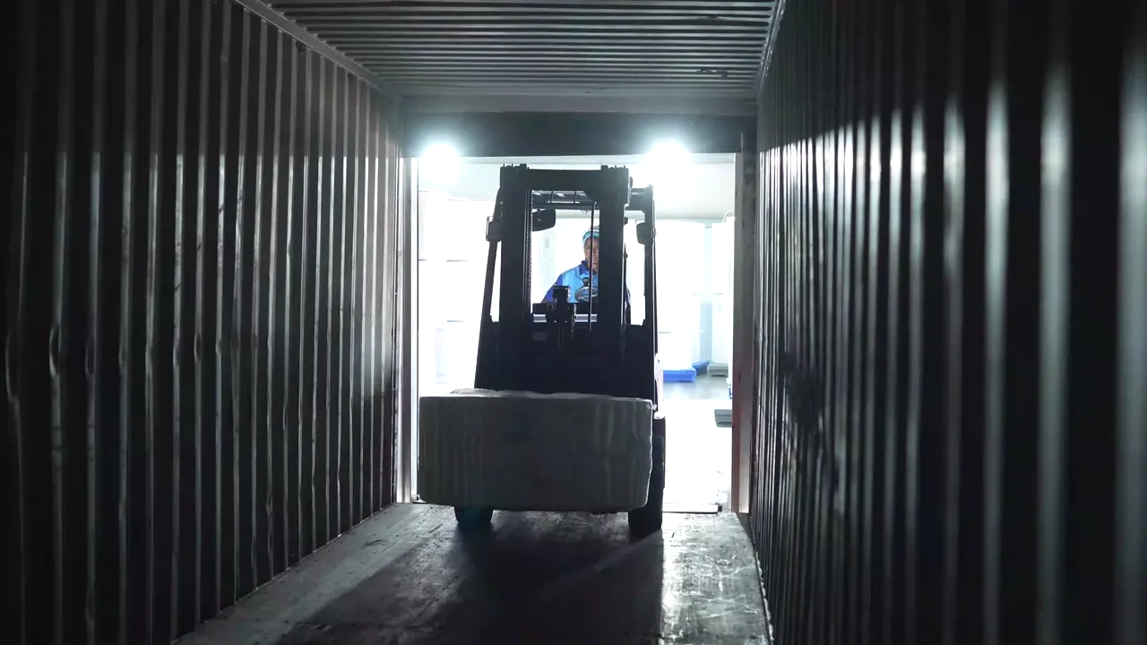 Packaged goods moving through warehouse logistics toward export