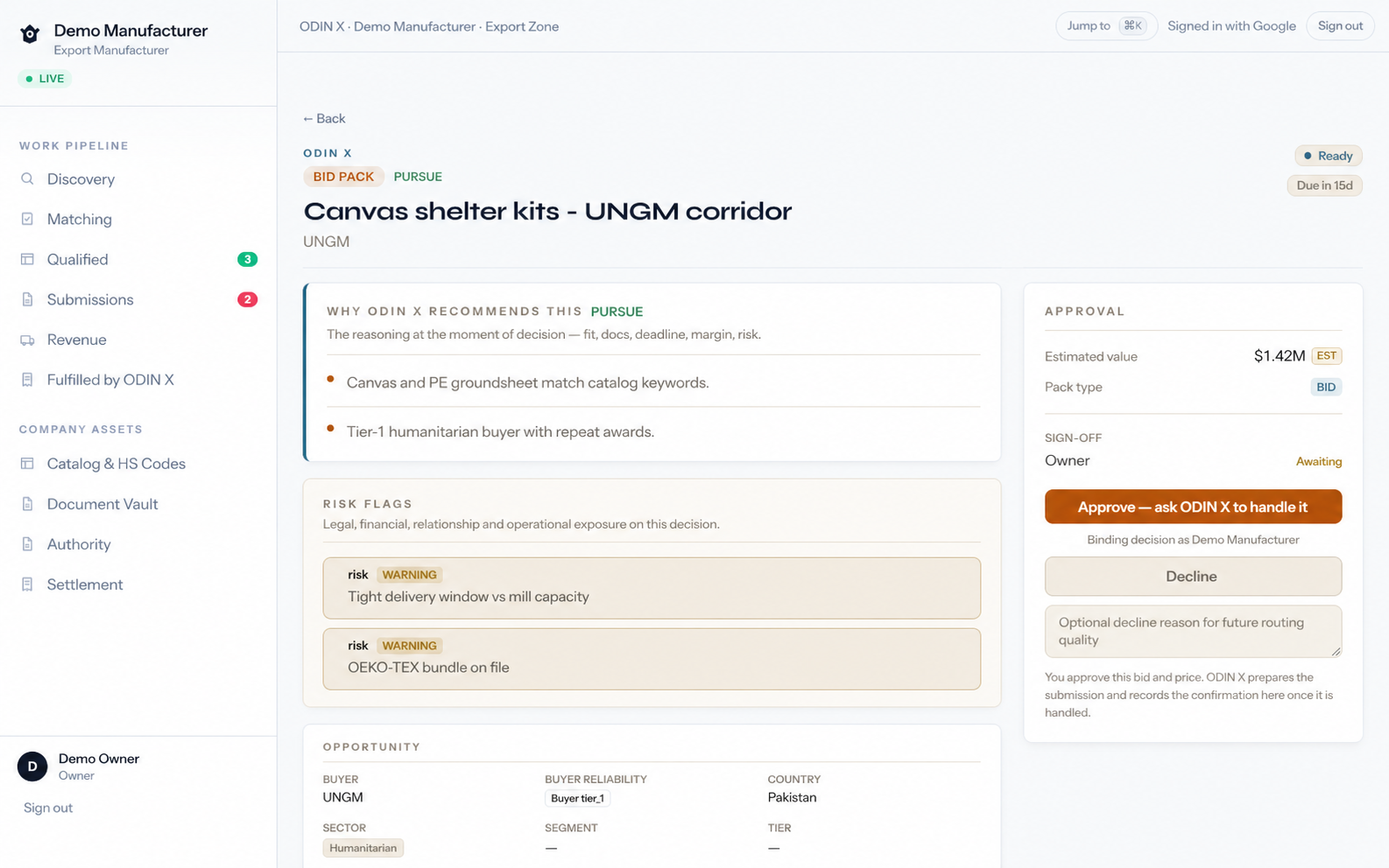 ODIN X authority record showing risk flags and manufacturer sign-off state